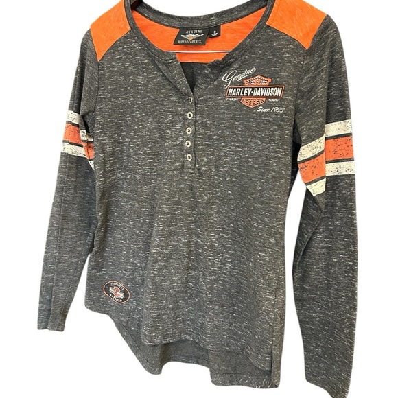 Harley-Davidson S NWOT Gray and Orange Long Sleeve Tee “Gas Can” - Picture 1 of 14